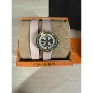 Tory Burch Gold Small Reva Nude Blush Leather Double Wrap Watch TBW4030 Logo